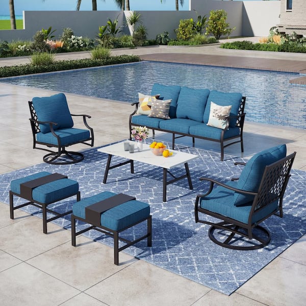 PHI VILLA Black Meshed 7-Seat 6-Piece Metal Outdoor Patio Conversation Set with Peacock Blue Cushion Table with Marble Pattern Top