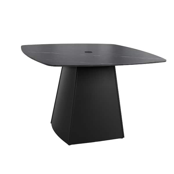 Black Rounded Square Aluminum Base+Sintered Stone Top 30 in. Outdoor Dining Table with Dia. 2 in. Umbrella Hole
