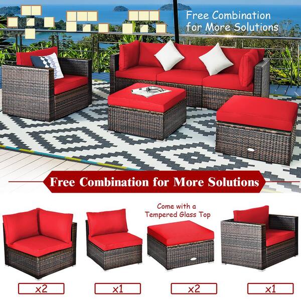 Costway 6 Piece Pe Rattan Outdoor Sectional Set With Red Cushions Hw63877re The Home Depot Costway 6 Piece Pe Rattan Outdoor, Ashley Outdoor Furniture Covers