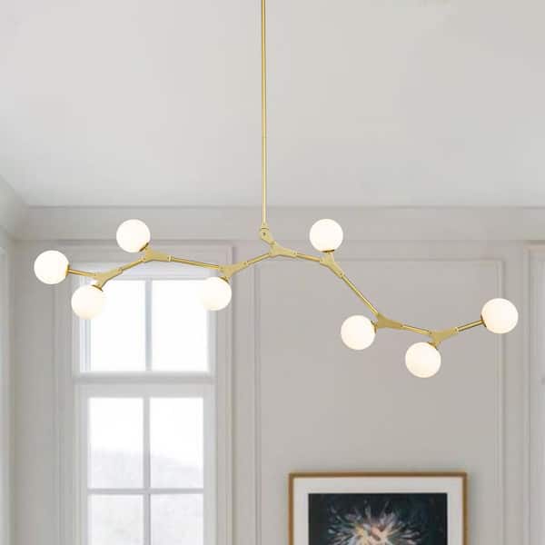 HUOKU CEDER 8-Light 59.84 in. W Brass Chandelier with Opal Glass