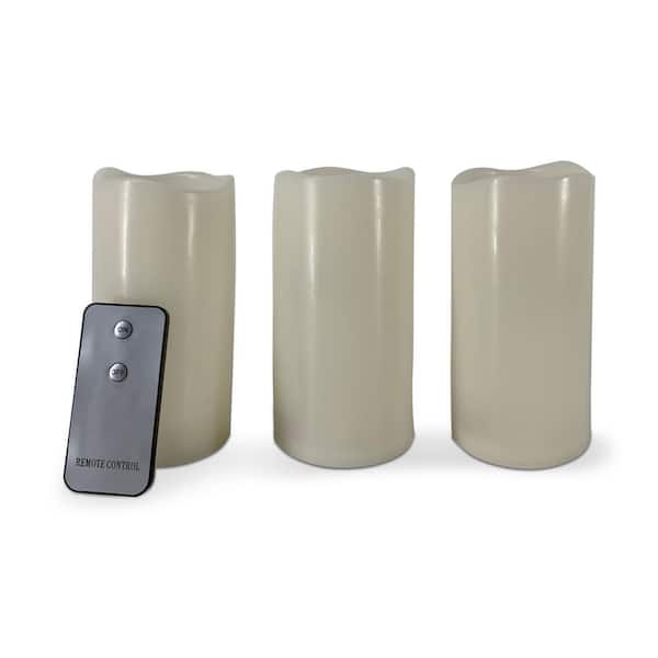 3 Pack 3 in. x 6 in. Bisque Color Resin Indoor/Outdoor Candle with Soft Glow Flicker and ON/OFF Remote Control.