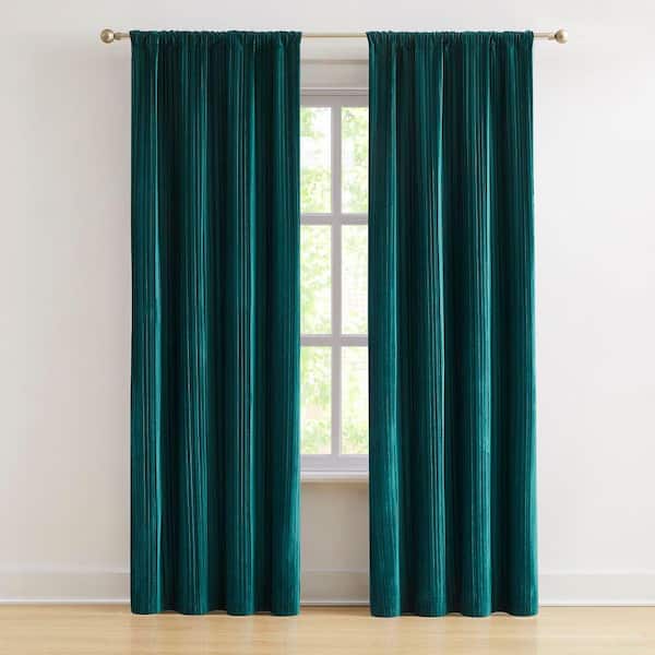 Glam Pleated Teal Velvet 38 in. W x 84 in. L Rod Pocket Light Filtering Curtain (Set of 2)