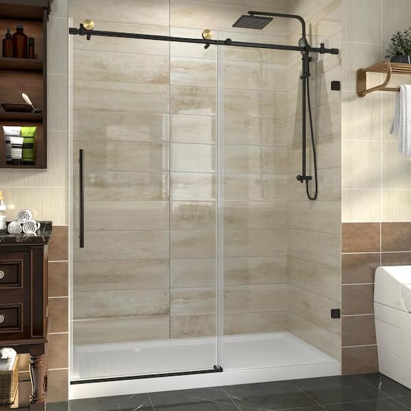 60 in. W x 74 in. H Sliding Semi-Frameless Shower Door in Matte Black with Clear Glass