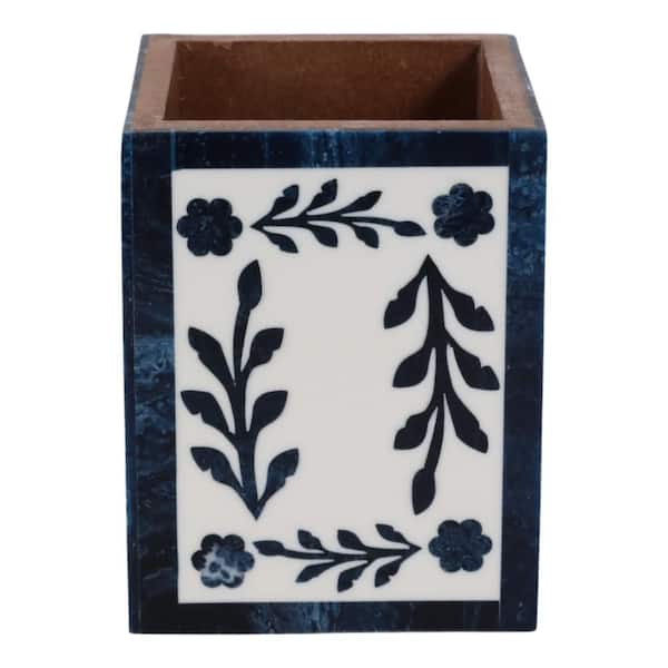 Blue/White 4 in. x 3 in. Resin Square Petals Versatile Pencil Cup