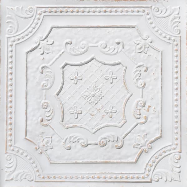 FROM PLAIN TO BEAUTIFUL IN HOURS Elizabethan Shield 2 ft. x 2 ft. Glue Up PVC Faux Tin Ceiling Tile in Antique Taupe (100 sq. ft./case)