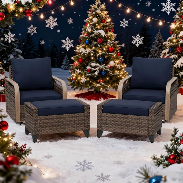 4-Piece Brown Wicker Outdoor Patio Conversation Set Swivel Rocking Chairs with Blue Cushions and Ottomans