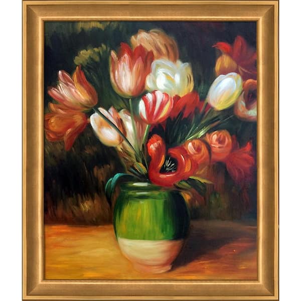LA PASTICHE Tulips in a Vase by Pierre-Auguste Renoir Muted Gold Glow Framed Abstract Oil Painting Art Print 24 in. x 28 in.