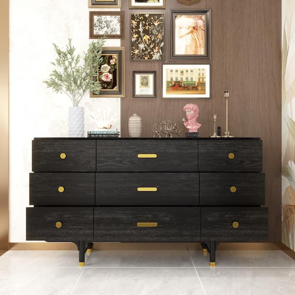 FUFU&GAGA 9-Drawer Black Wood Dresser Bedroom Storage Cabinet 31.5 in. H x 55.1 in. W x 15.7 in. D