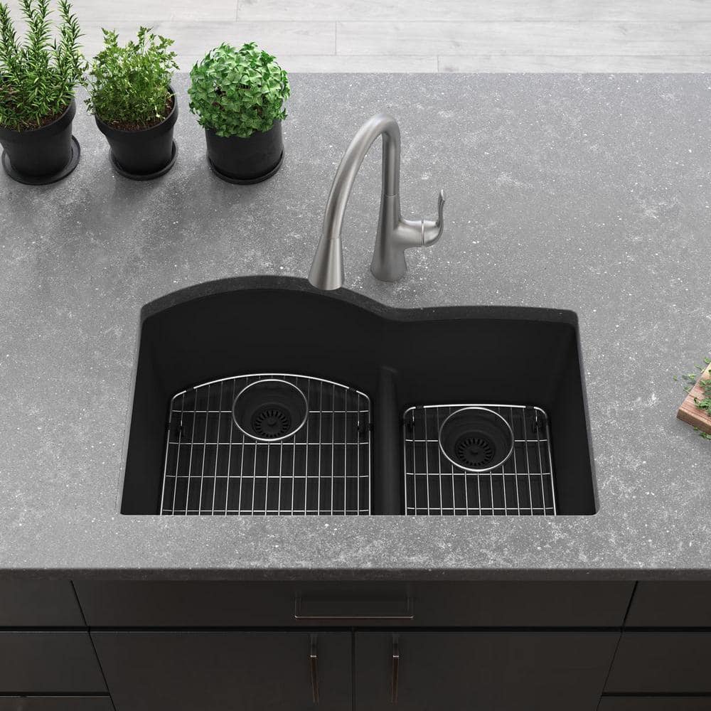 Matte Black Stone Double Bowl Undermount Kitchen Sink