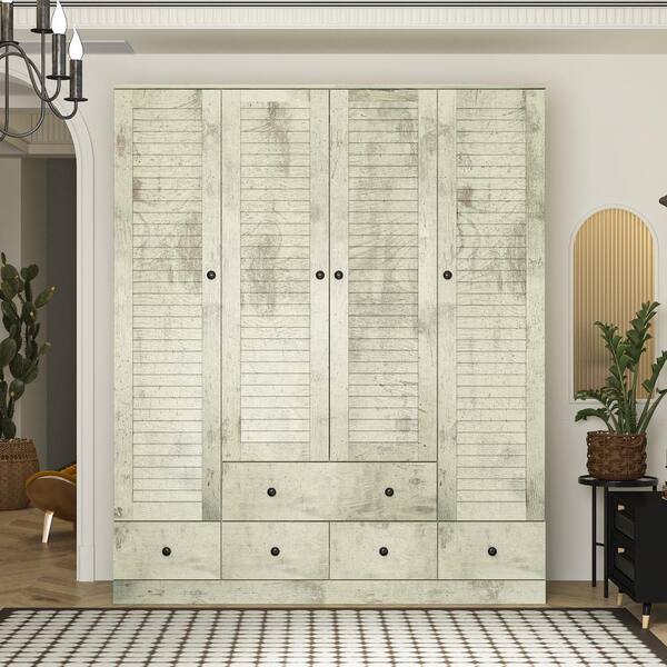 FUFU&GAGA Gray Wood 59 in. W Shutter Doors Armoires Wardrobe Farmhouse Style with 5-Drawers, Hanging Rod (70.5 in. H x 19 in. D)