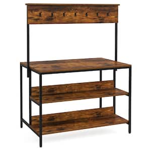 Keenyah Rustic Brown 3-Shelf Metal 42.9 in. W Baker's Rack Kitchen Island Table with Openback and 14 Y-Shaped Hooks