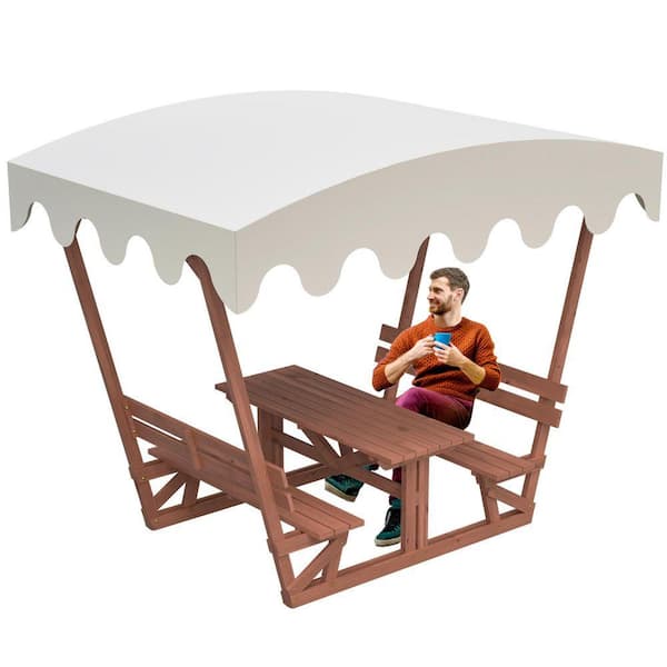 78.7 in. Brown Rectangle Outdoor Solid Wood Picnic Table with Removable Canopy, 4 People with Umbrella Hole