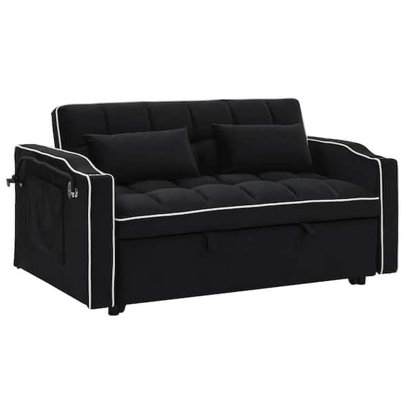 anpport 55 in. W 3-in-1 Convertible Velvet Sleeper Sofa Bed with 2 Pillows and USB Charging Ports, Black, 2-Seater Loveseat