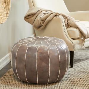 18 in. Gray Leather Moroccan with White Stitching Floral Pouf