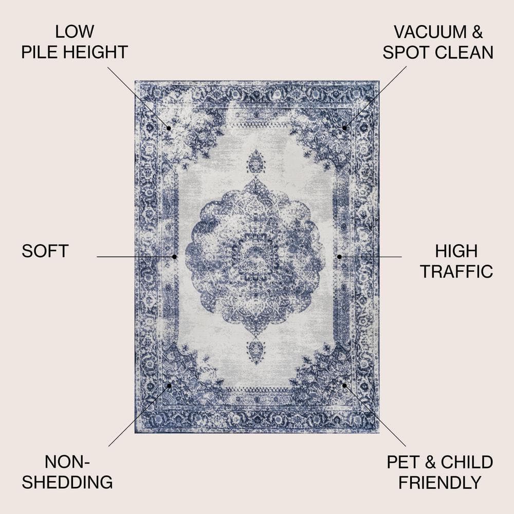 Handmade Rectangular Dark Blue/Ivory Synthetic Area Rug