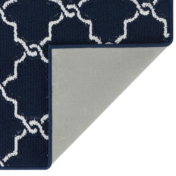 Navy and White 26 in. x 72 in. Geometric Washable Non-Skid Runner Rug