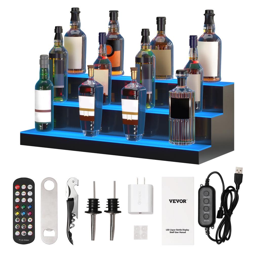 30-Inch Black Acrylic 3-Tier LED Lighted Liquor Bottle Display