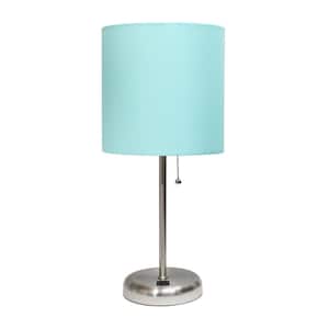 19.5 in. Aqua and Brushed Steel Stick Lamp with USB Charging Port