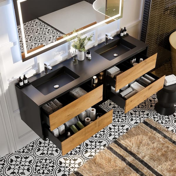 Vienna 75 in. W x 20.70 in. D x 21.60 in. H Floating Double Bathroom Vanity in Black-Oak with Acrylic Top in Black