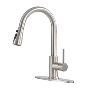 Single Handle 3-Spray Patterns Pull Down Sprayer Kitchen Faucet with Deck Plate and Water Supply Hoses in Brushed Nickel