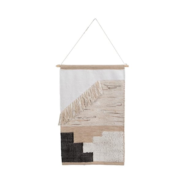 Liv & Skye 36 in. x 24 in. Ivory Wood Woven Cotton and Polyester Canvas Rectangle Diagonal Fringe Wall Art