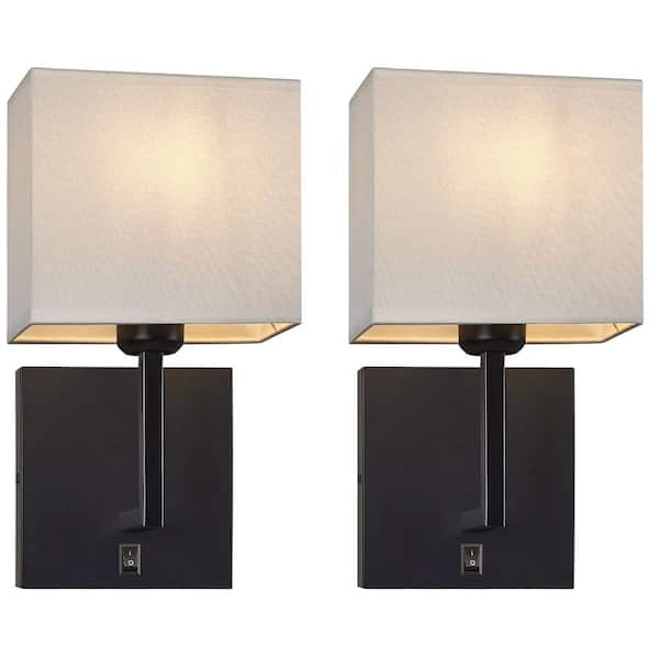 Modern Hardwired Wall Sconces Set of 2 with On/Off Switch and Square White Fabric Shade for Living Room, Fireplace