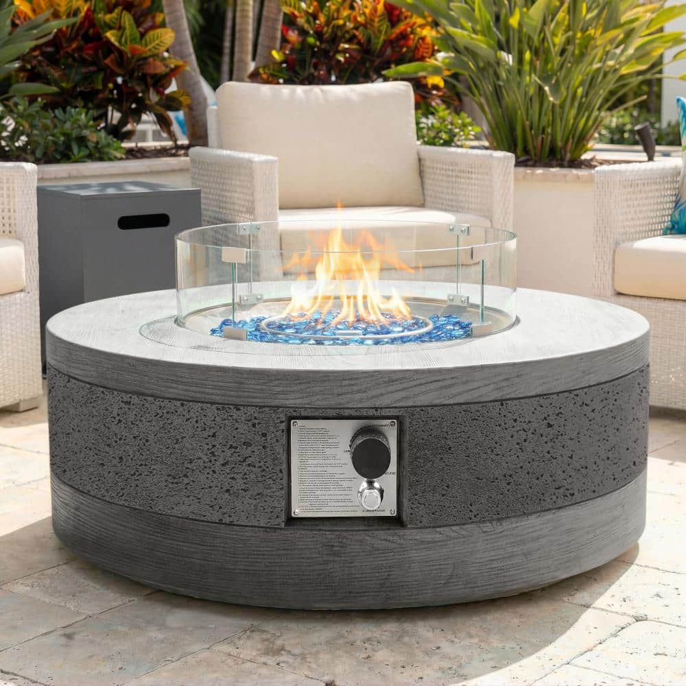 38in.Round Propane Fire Pit Table with Tank Cover and Wind Guard,Concrete and Wood Grain Design,50000BTU,Gray price history on PriceWatchPro