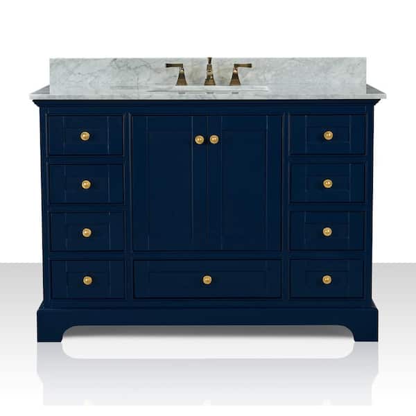 Ancerre Designs Audrey 48 in. W x 22 in. D Bath Vanity in Heritage Blue w/ Marble Vanity Top in White w/ White Basin and Gold Hardware