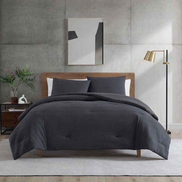 KENNETH COLE NEW YORK Crosswalk Herringbone 2-Piece Black Microfiber Twin Duvet Cover Set