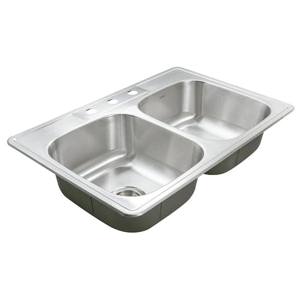 Houzer Glowtone 33 in. Stainless Steel Topmount 3-hole 50/50 Double Bowl 8 in. Deep Kitchen Sink - 3322-8BS3-1