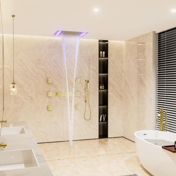 Luxury 5-Spray 2.5 GPM 19.7 in. Thermostatic Ceiling Mount Dual Shower Heads with LED and 6-Jet in Brushed Gold