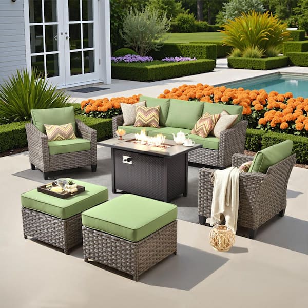 Solora Gray 5-Piece Wicker Outdoor Patio Conversation Set w/Green Cushions,Ottomans & 43 in. Fire Pit Table for Poolside
