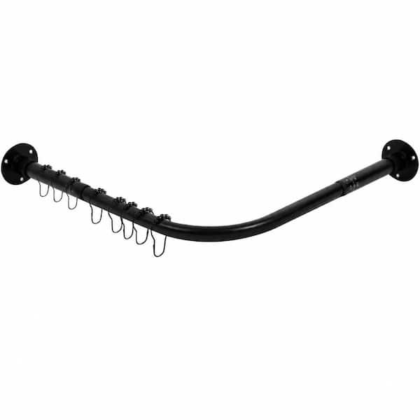 Adjustable L-Shaped Corner Shower Curtain Rod in Black with 12 Ring Hooks and Ceiling Support