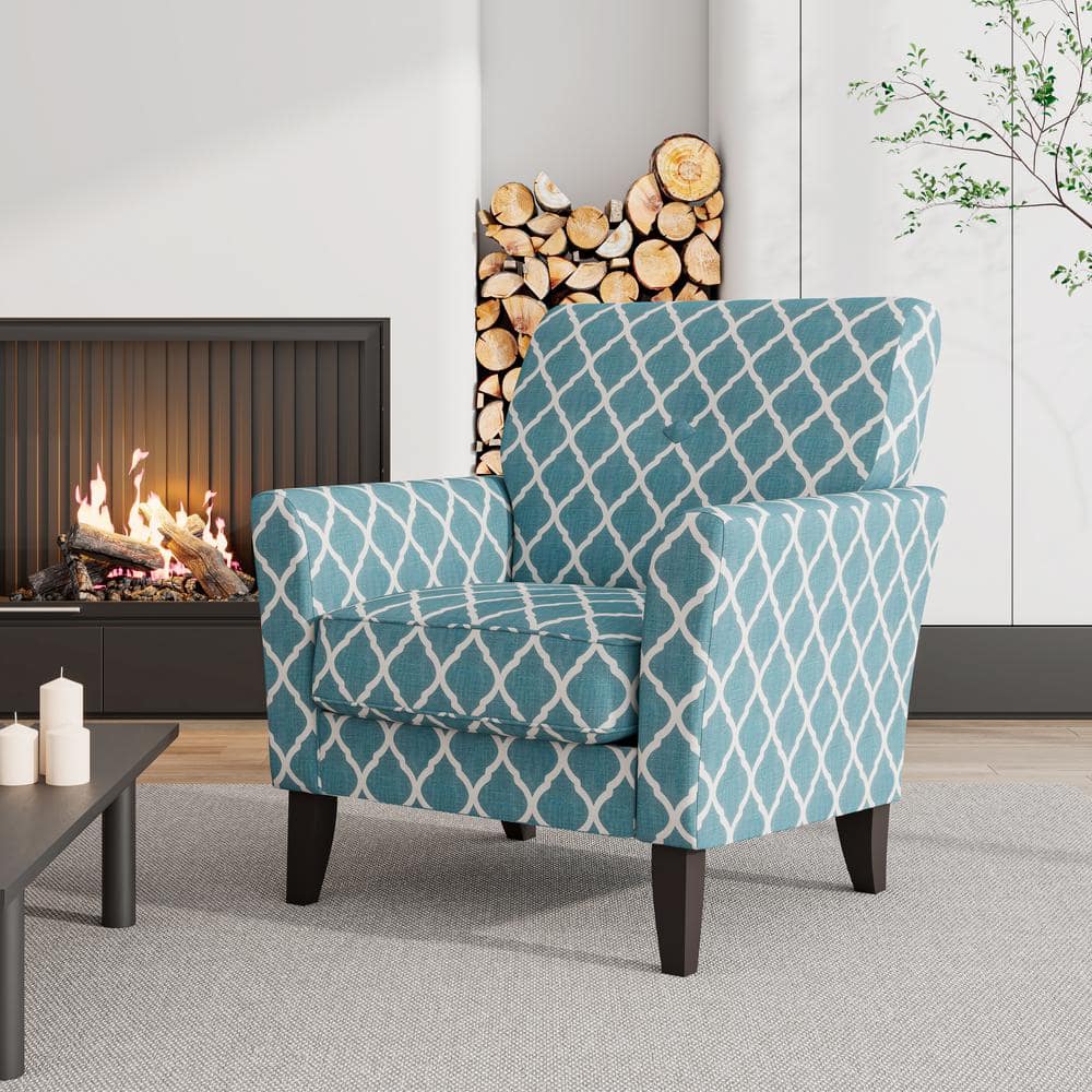 Turquoise Trellis Linen Blend Flared Arm Accent Chair