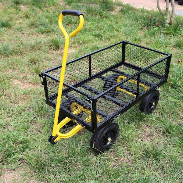 3.5 cu. ft. Steel Outdoor Garden Cart, Solid Wheel Utility Cart Garden Cart for Garden and Lawn, Black plus Yellow