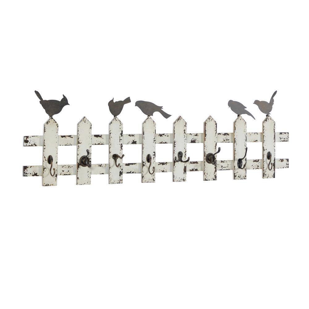 Cream Weathered Wood and Metal Bird Wall Hook Rack
