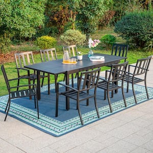 9-Piece Metal Outdoor Dining Set with Extensible Rectangular Carve Pattern Table and Modern Stackable Chairs