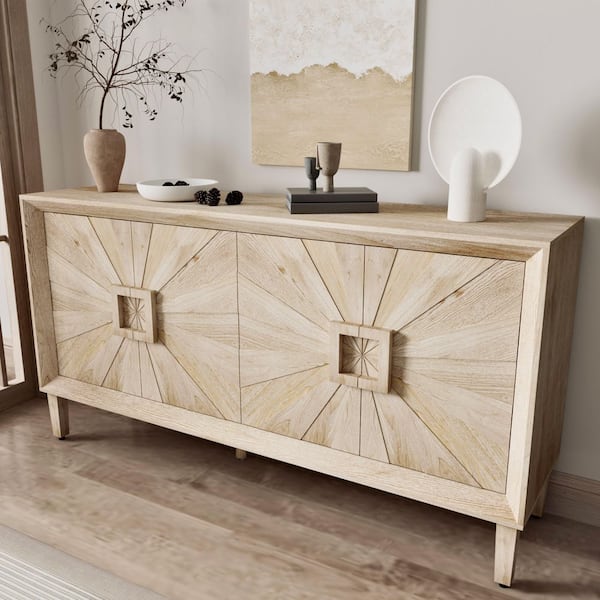 Farmhouse Antique Beige Wood 59.8 in. Sideboard with Symmetrical Sunburst Door Design and Adjustable Shelves