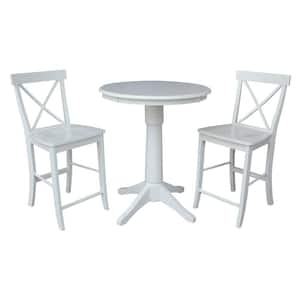 3-Piece Set Olivia White Solid Wood 30 in Round Pedestal Counter-height Table with 2 Alexa Counter Armless Stools
