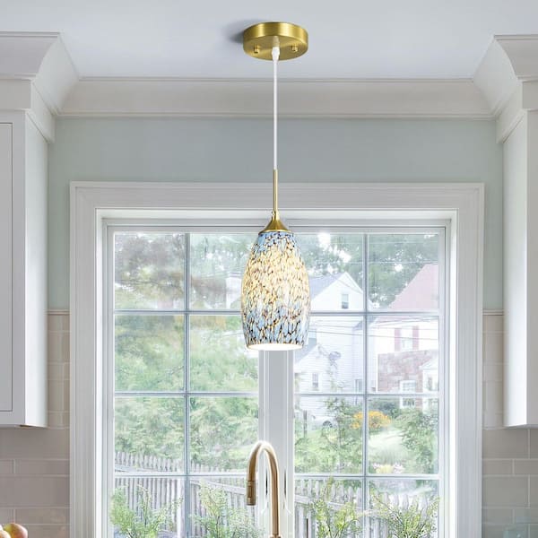 Kitchen Lighting 60W 1-Light Abstract Blue 1-Pack Glass Adjustable Mini Pendant Light With Art Deco Shade for Kitchen