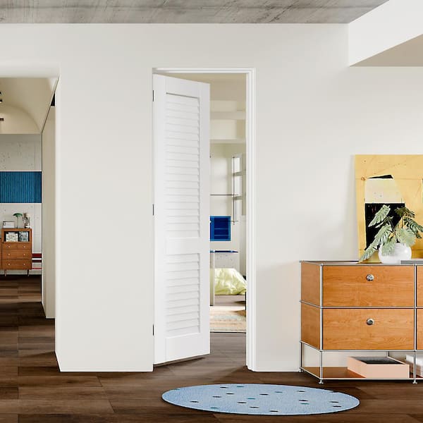 32 in. x 80 in. Louvered Panel, Composite, White Primed, MDF Prehung Interior Door Left-Handed w/ Door Jamb and Hardware