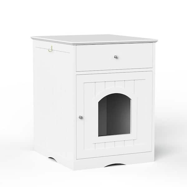 White Wooden Pet House Cat with Drawer, Side Table, Indoor Pet Crate