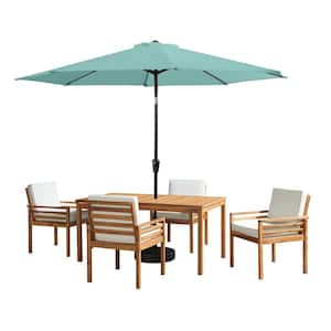 6 -Piece Set, Okemo Wood Outdoor Dining Table Set with 4 Cushioned Chairs, 10 ft. Auto Tilt Umbrella Dusty Green