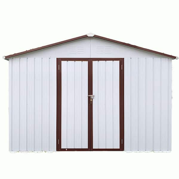 12 ft. W x 10 ft. D Metal Outdoor Tool Shed Garden Storage Shed with Double Lockable Door (120 sq. ft. ), White & Brown