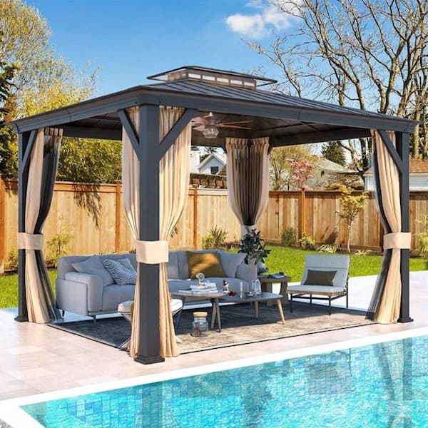 12 ft. x 10 ft. Hardtop Gazebo, Outdoor Gazebo Canopy with Curtains and Netting, Sunshade for Garden and Patio
