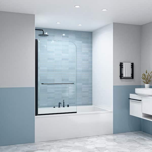 34 in. W x 58 in. H Pivot Frameless Tub Door in Matte Black with 1/4 in. (6 mm) Tempered Clear Glass