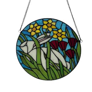 Florence 11 in. Bunny in the Garden Round Stained Glass Window Panel