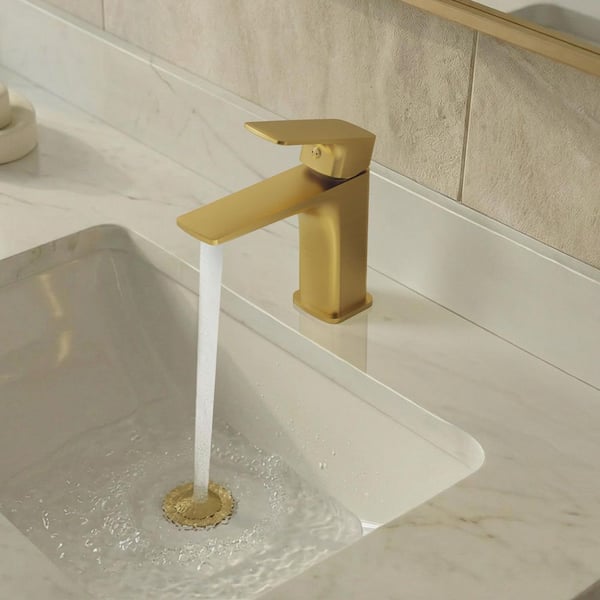 6.5 in. Single Handle Single Hole Brass Bathroom Faucet with Pop-Up Drain, Heavy-Duty Build in Brushed Gold