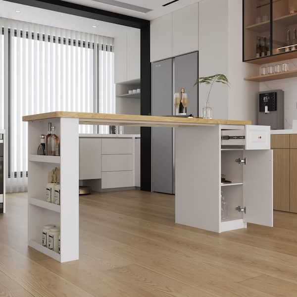 White Wood 82.68 in. Kitchen Island with Drawer, Cabinet and Side Storage Shelf
