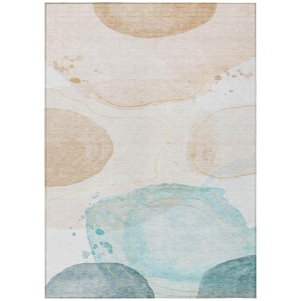 Beige and Blue 8 ft. x 10 ft. Woven Abstract Rectangle Indoor/Outdoor Area Rug